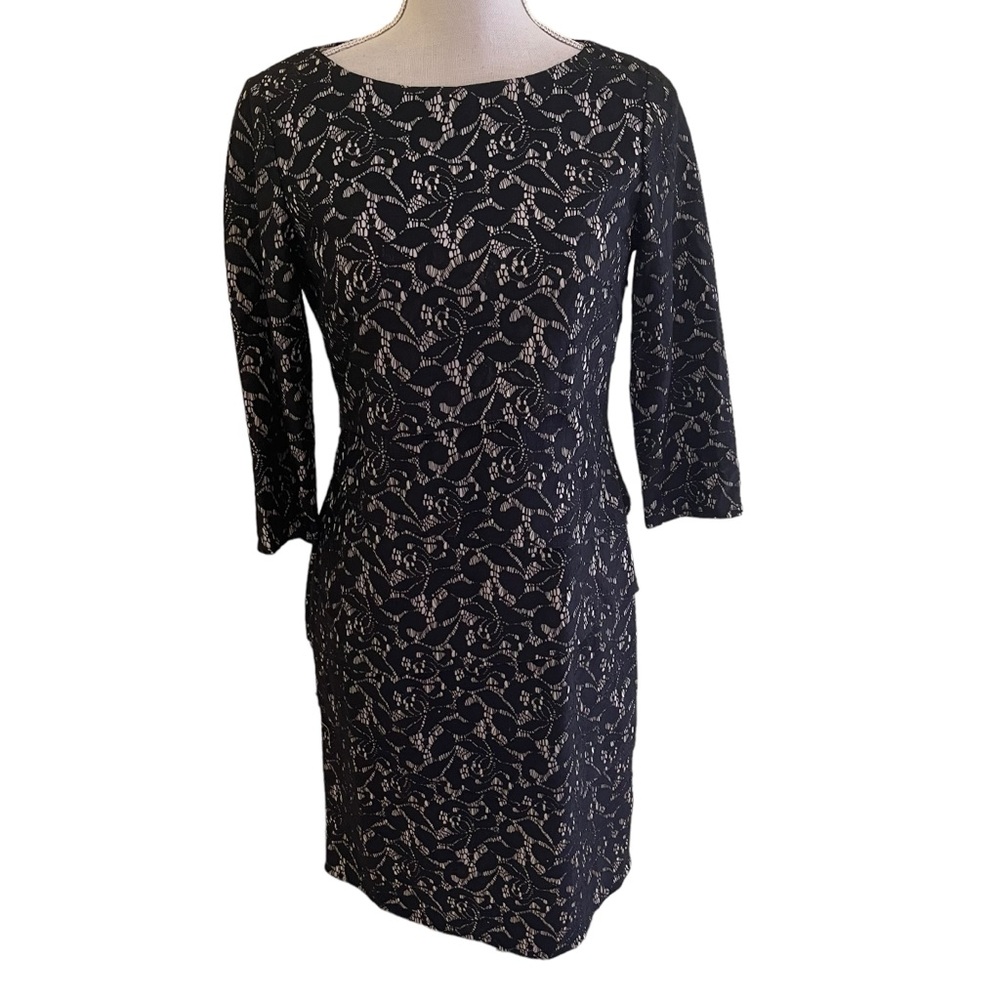 Tahari ASL Black Floral Lace with Cream Lining Tiered "Tracey" Sheath Dress - Picture 2 of 12